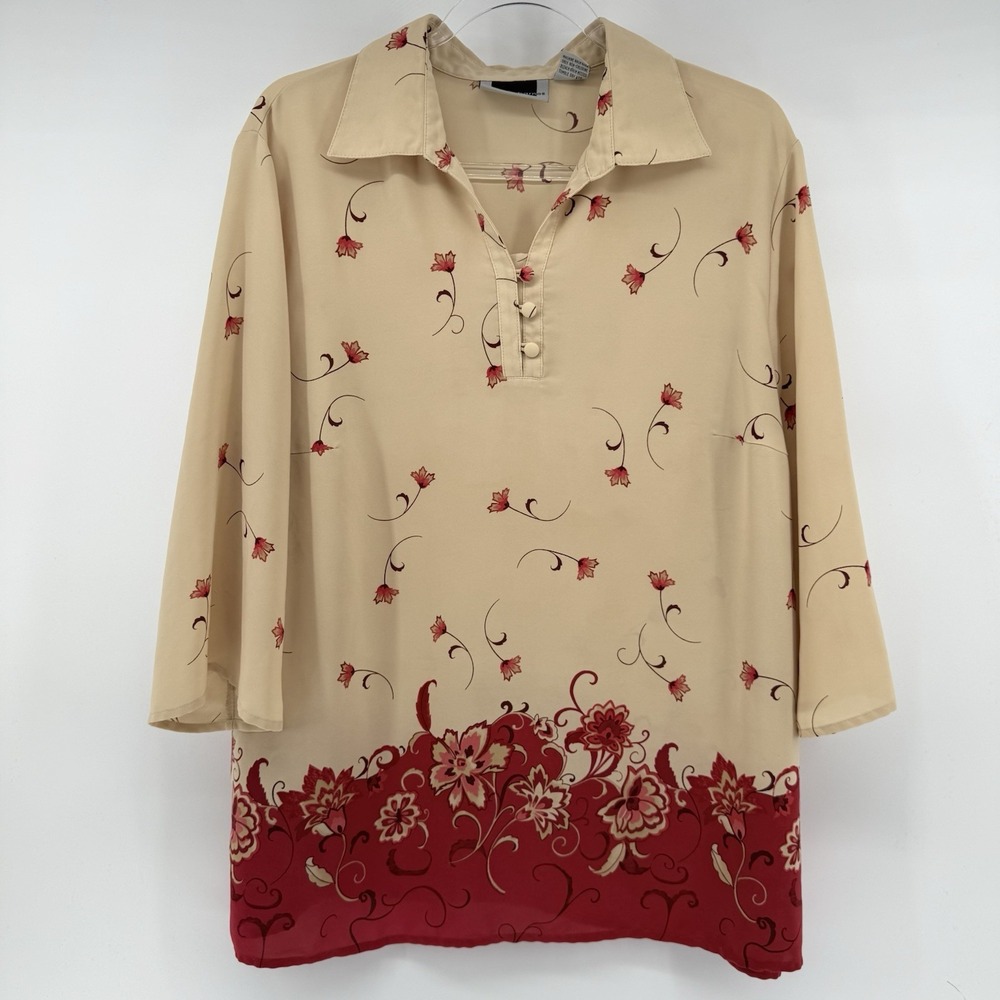 Maggie‎ Barnes Tan Red Floral Collared Blouse 18W Office Autumn Careerwear